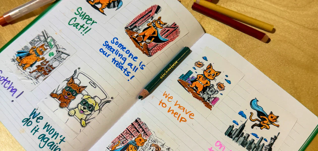 Eight colored stickers that tells the story of a super cat.