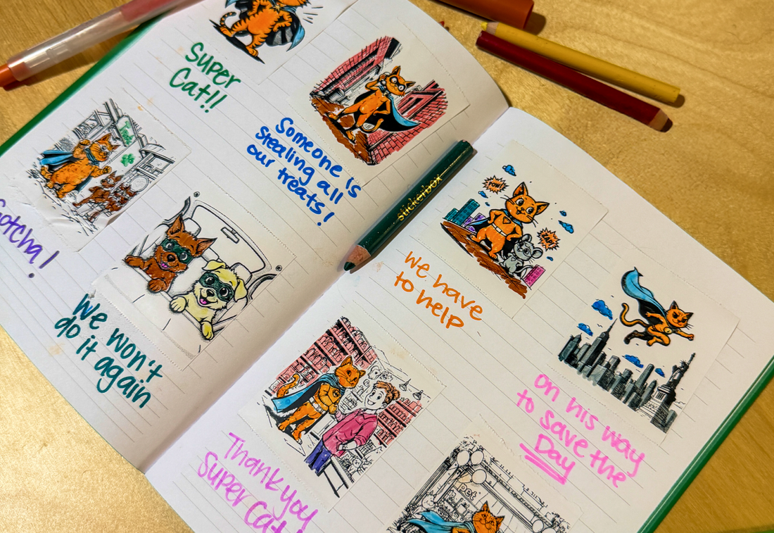 Eight colored stickers that tells the story of a super cat.
