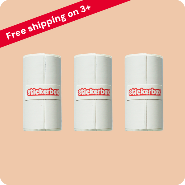 Three rolls of Stickerbox paper refills with text: free shipping on 3+