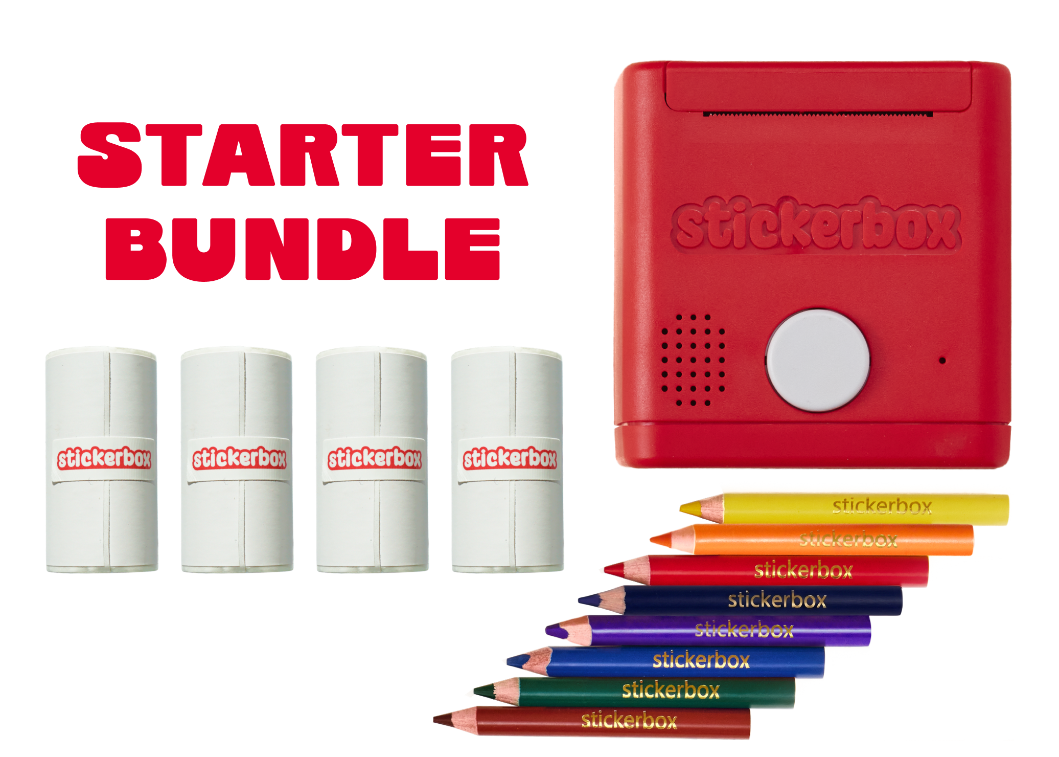 Starter Bundle includes a Stickerbox, 8 colored pencils, and 4 Stickerbox paper refills.